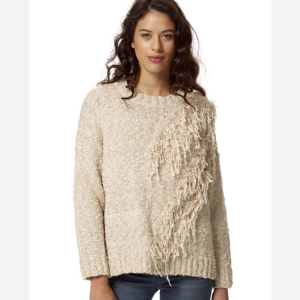 Stellah Vera Boxy Sweater Golden Wheat Fringe Trimmed Gold Speckle Women’s Sz S